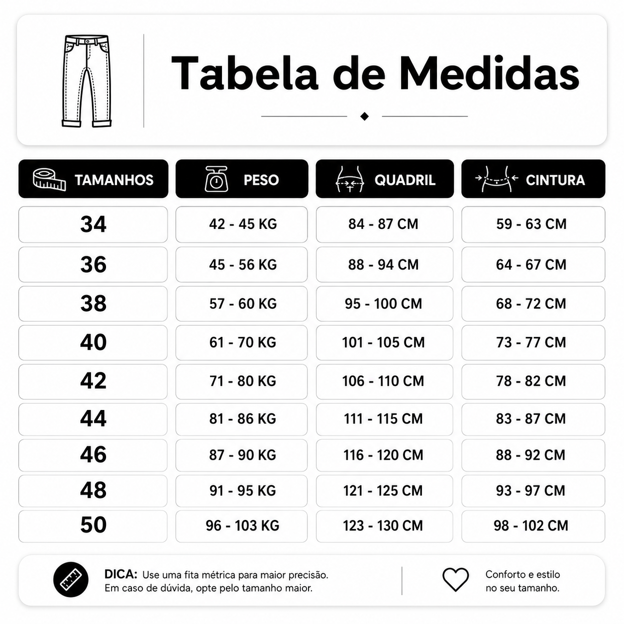 Tabela de medidas: tamanhos de 34 a 50 com peso, quadril e cintura correspondentes